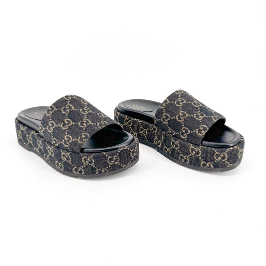 Gucci Angelina Platform Slide Sandals in Black GG Denim – Size 38