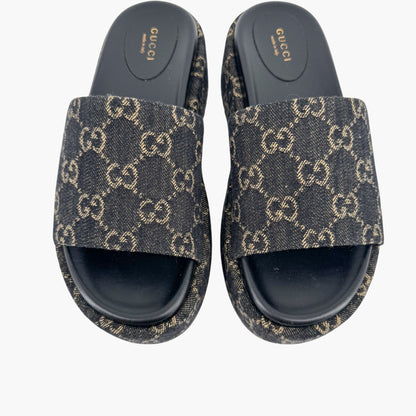 Gucci Angelina Platform Slide Sandals in Black GG Denim – Size 38