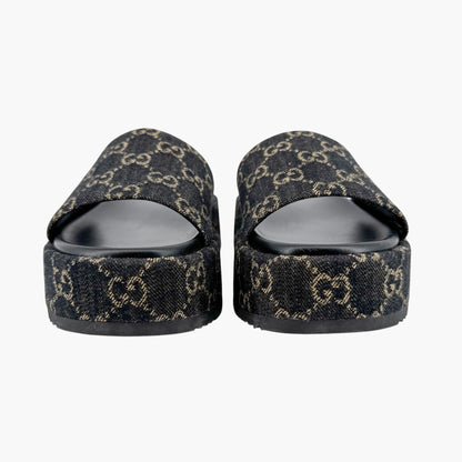 Gucci Angelina Platform Slide Sandals in Black GG Denim – Size 38