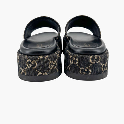 Gucci Angelina Platform Slide Sandals in Black GG Denim – Size 38