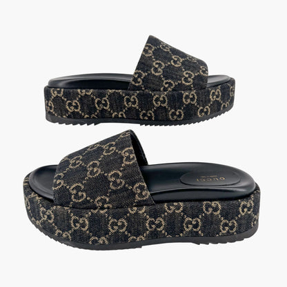 Gucci Angelina Platform Slide Sandals in Black GG Denim – Size 38