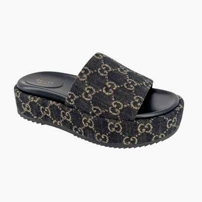 Gucci Angelina Platform Slide Sandals in Black GG Denim – Size 38