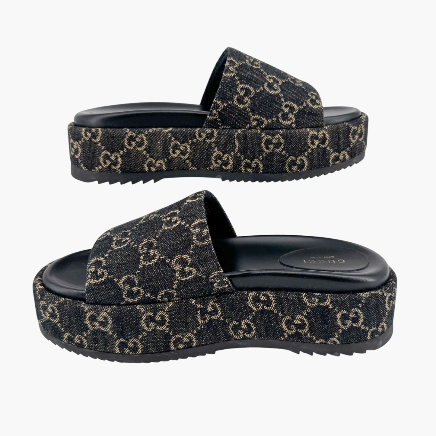 Gucci Angelina Platform Slide Sandals in Black GG Denim – Size 38