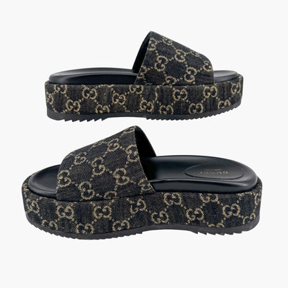 Gucci Angelina Platform Slide Sandals in Black GG Denim – Size 38