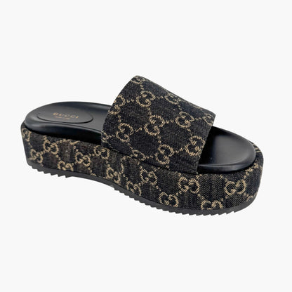 Gucci Angelina Platform Slide Sandals in Black GG Denim – Size 38