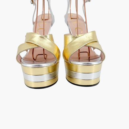 Gucci Angel Platform Sandals in Metallic Silver/Gold Leather Size 40
