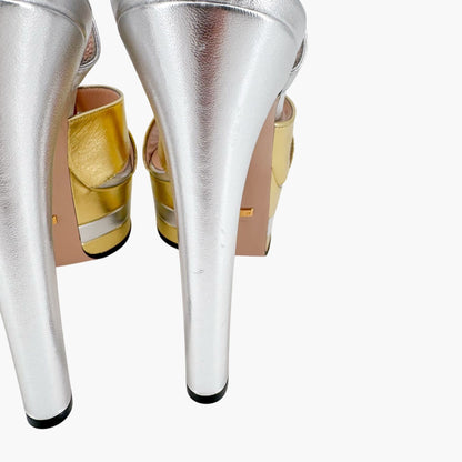 Gucci Angel Platform Sandals in Metallic Silver/Gold Leather Size 40