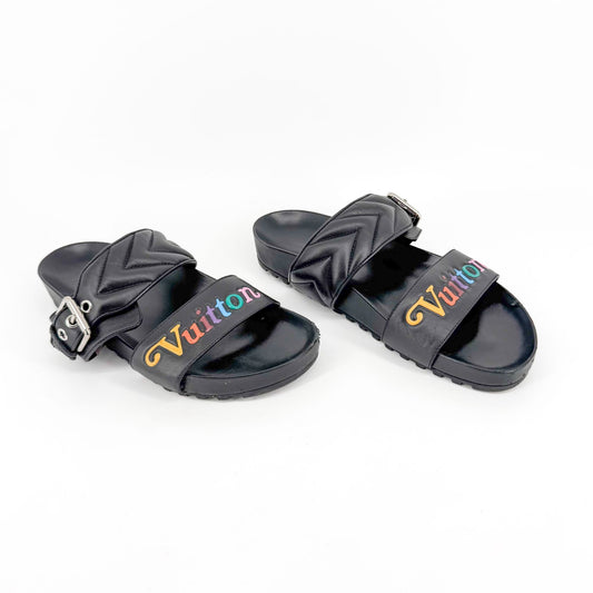 Louis Vuitton New Wave Bom Dia Mule Slide Sandals in Black Leather & Rainbow Logo Size 38