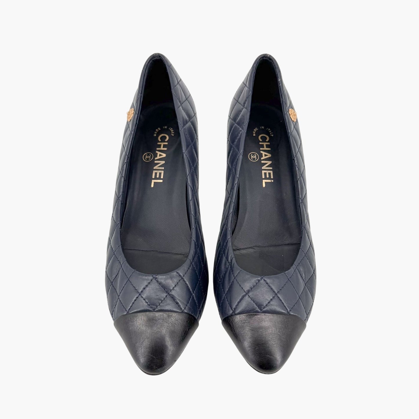 Chanel Camellia Cap Toe Quilted Leather Pumps Blue Size 38.5C