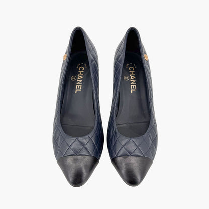 Chanel Camellia Cap Toe Quilted Leather Pumps Blue Size 38.5C