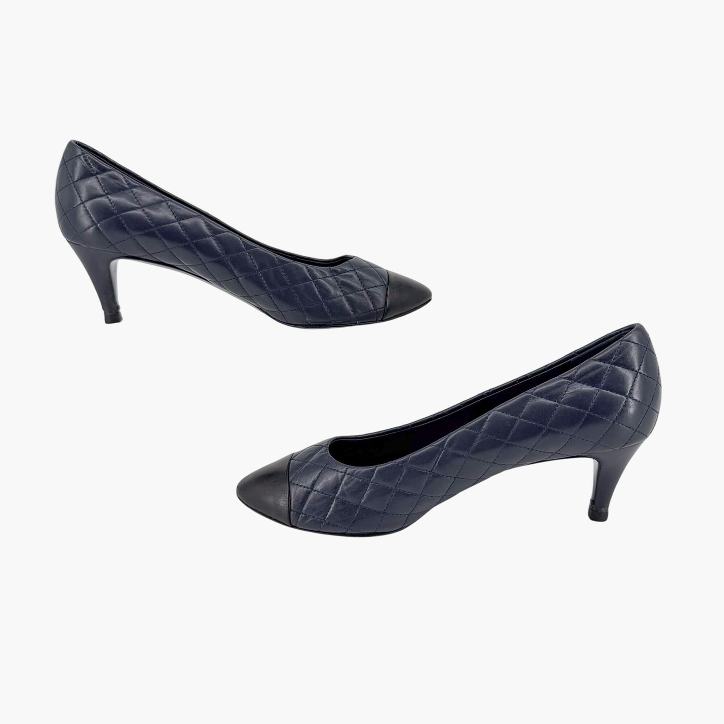 Chanel Camellia Cap Toe Quilted Leather Pumps Blue Size 38.5C