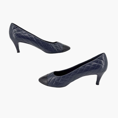 Chanel Camellia Cap Toe Quilted Leather Pumps Blue Size 38.5C