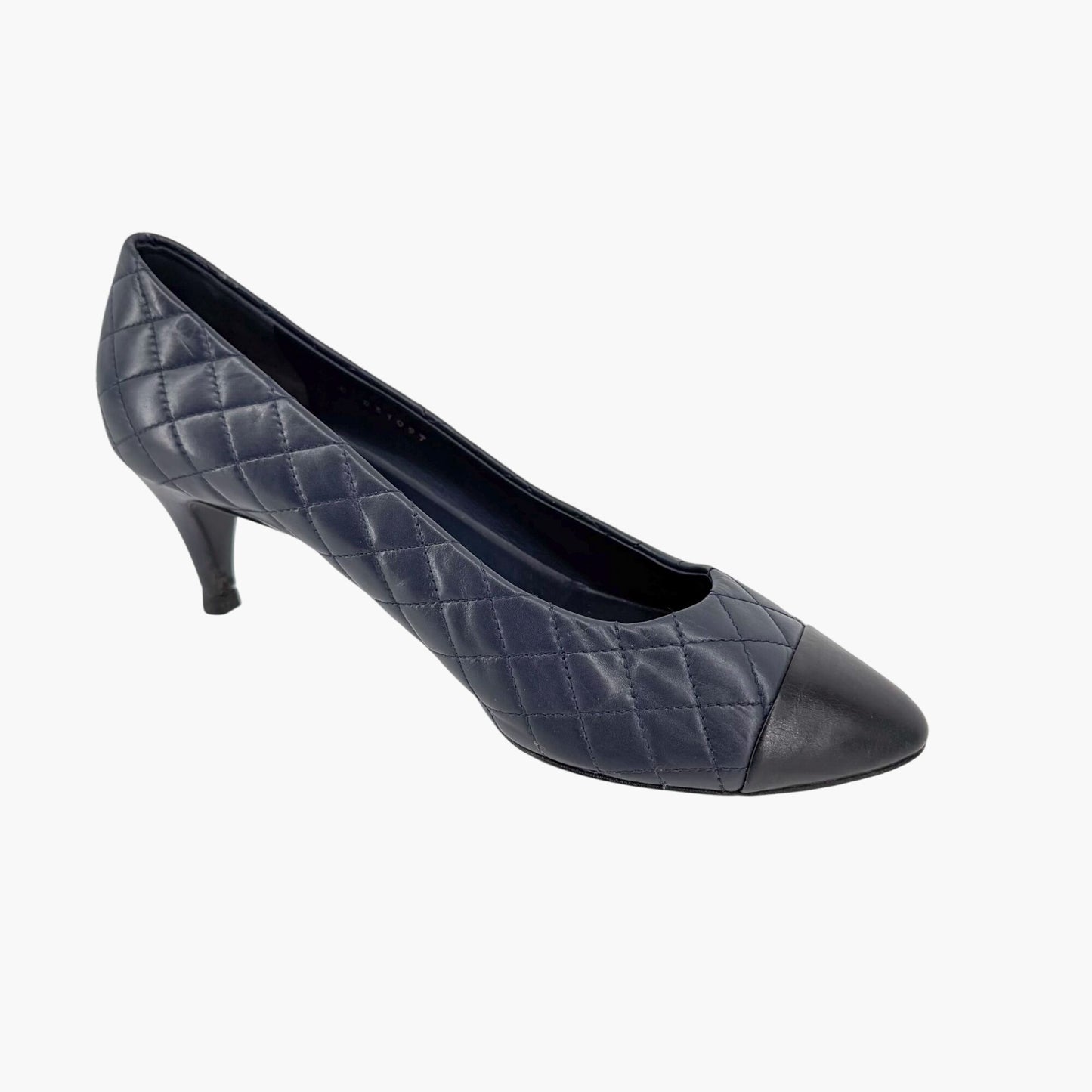 Chanel Camellia Cap Toe Quilted Leather Pumps Blue Size 38.5C