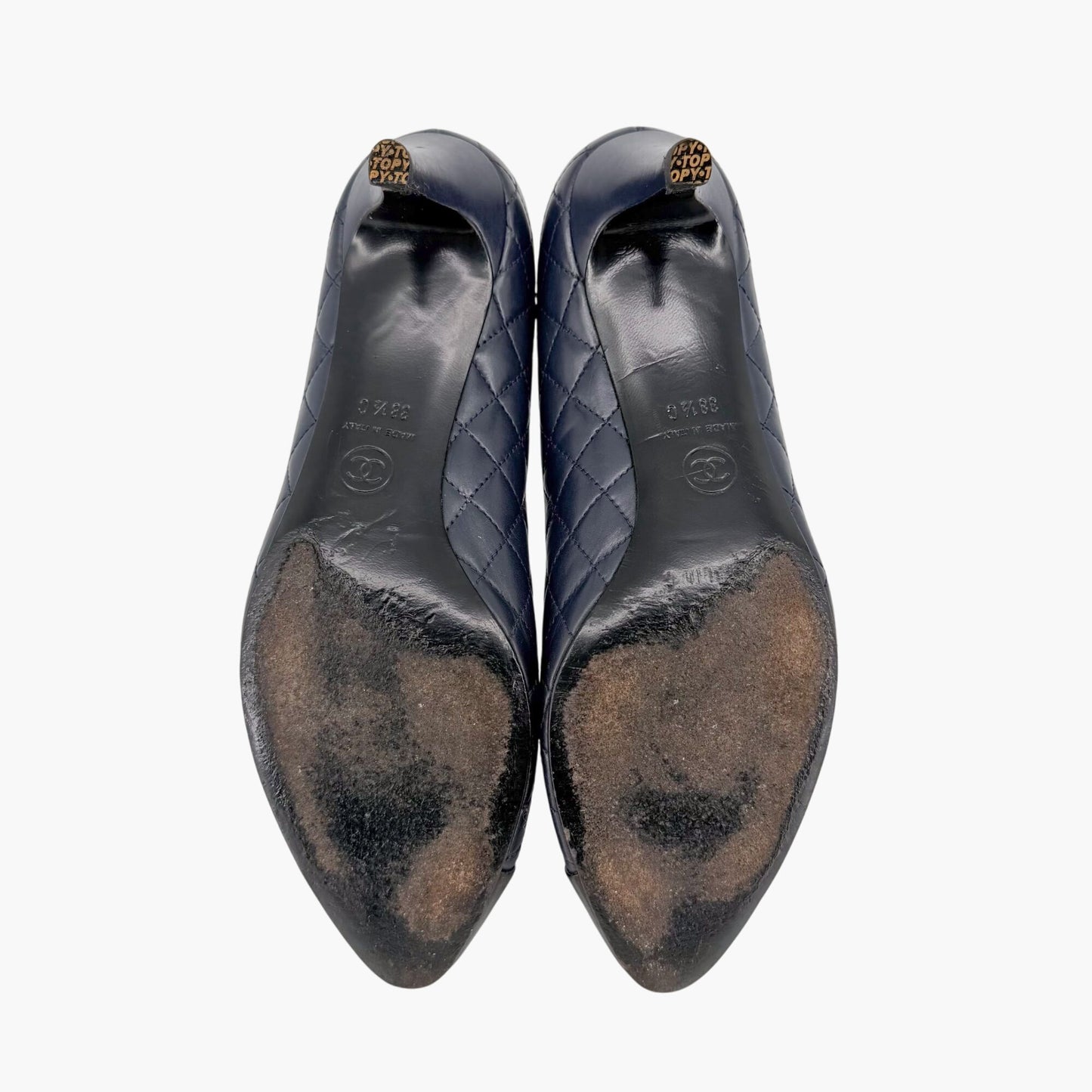 Chanel Camellia Cap Toe Quilted Leather Pumps Blue Size 38.5C