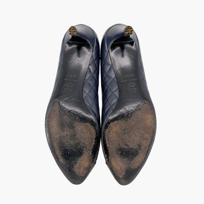 Chanel Camellia Cap Toe Quilted Leather Pumps Blue Size 38.5C