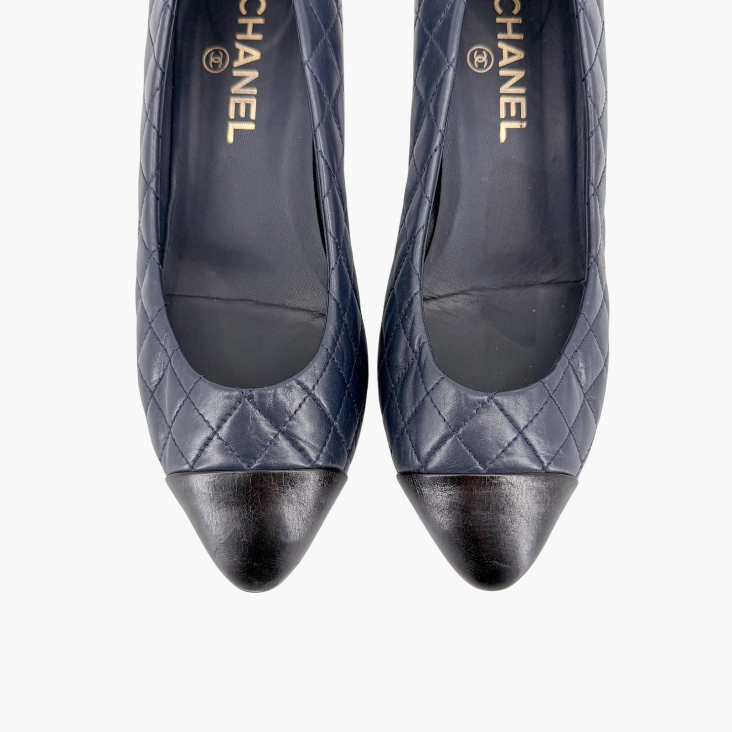 Chanel Camellia Cap Toe Quilted Leather Pumps Blue Size 38.5C