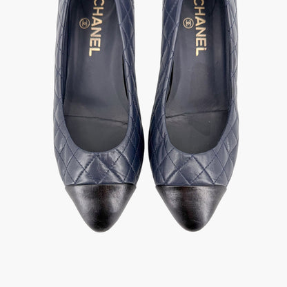 Chanel Camellia Cap Toe Quilted Leather Pumps Blue Size 38.5C