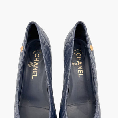 Chanel Camellia Cap Toe Quilted Leather Pumps Blue Size 38.5C