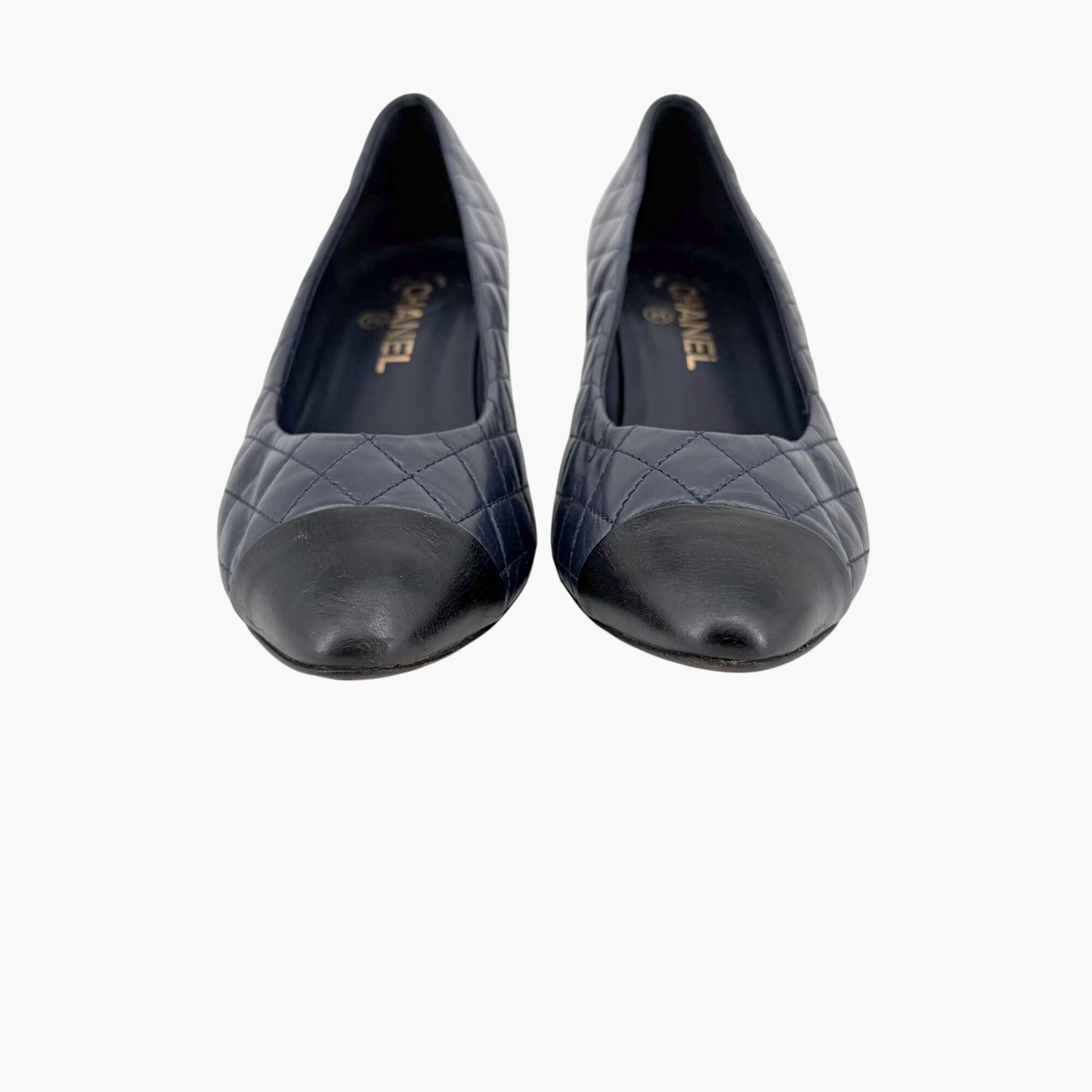 Chanel Camellia Cap Toe Quilted Leather Pumps Blue Size 38.5C