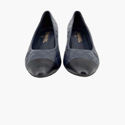 Chanel Camellia Cap Toe Quilted Leather Pumps Blue Size 38.5C