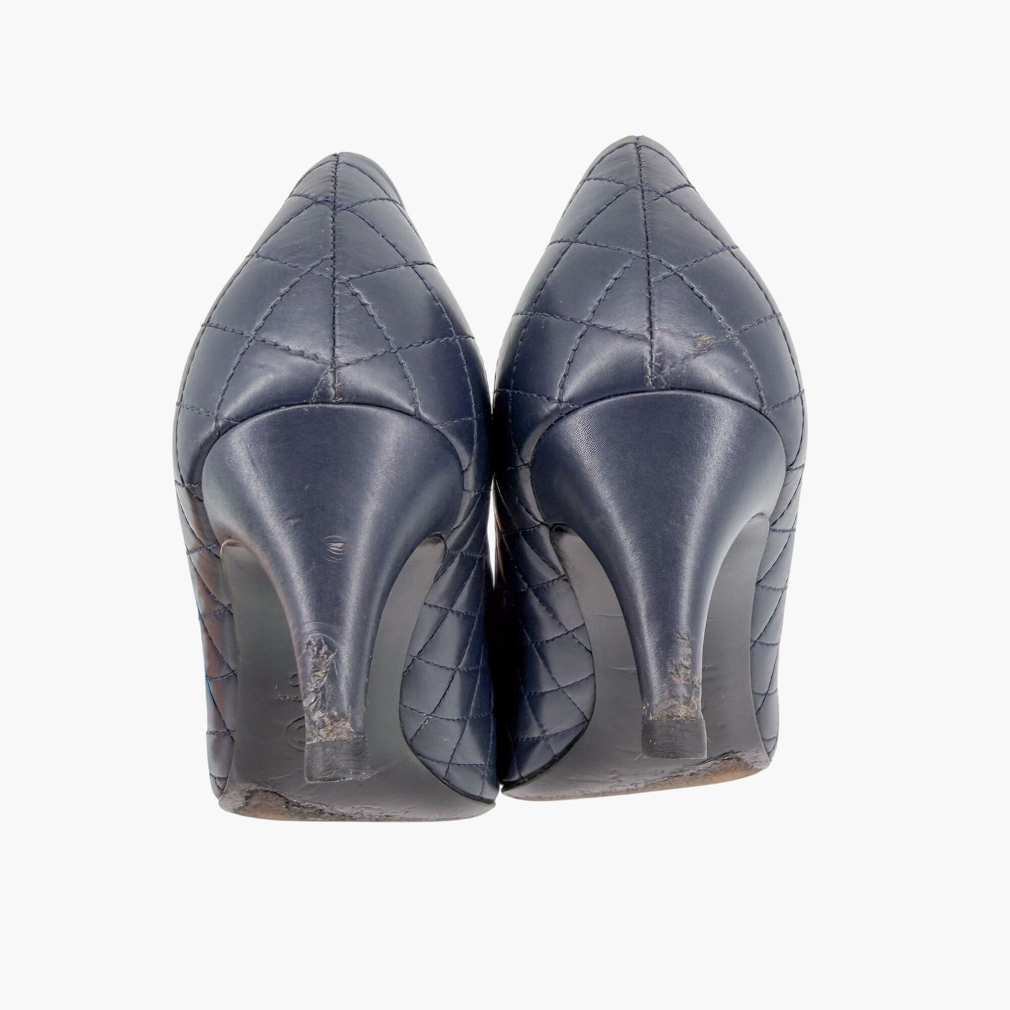 Chanel Camellia Cap Toe Quilted Leather Pumps Blue Size 38.5C