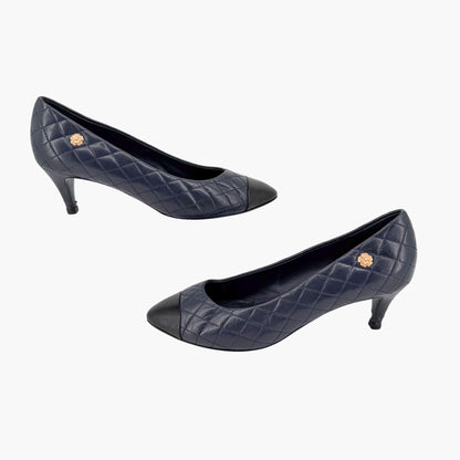 Chanel Camellia Cap Toe Quilted Leather Pumps Blue Size 38.5C