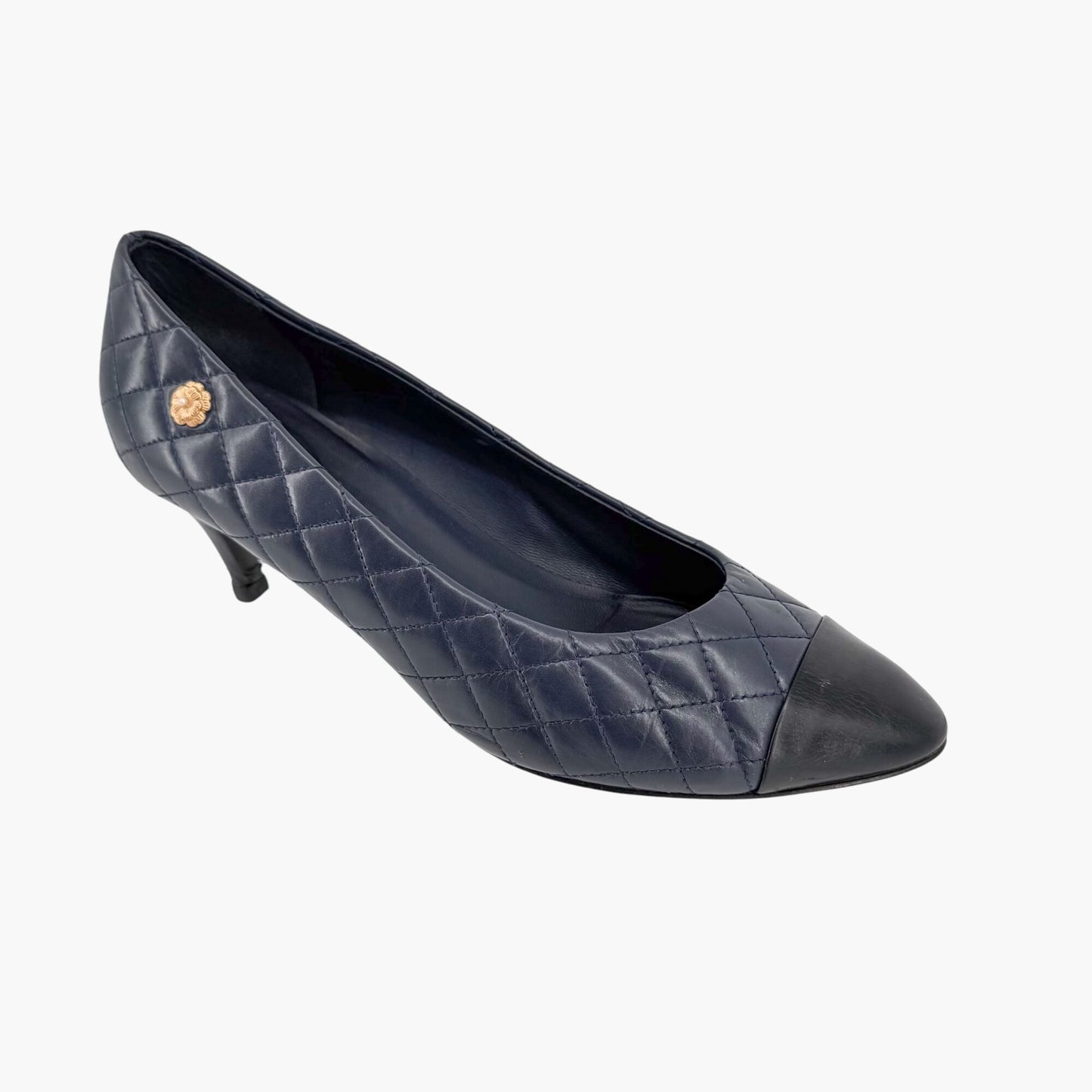 Chanel Camellia Cap Toe Quilted Leather Pumps Blue Size 38.5C
