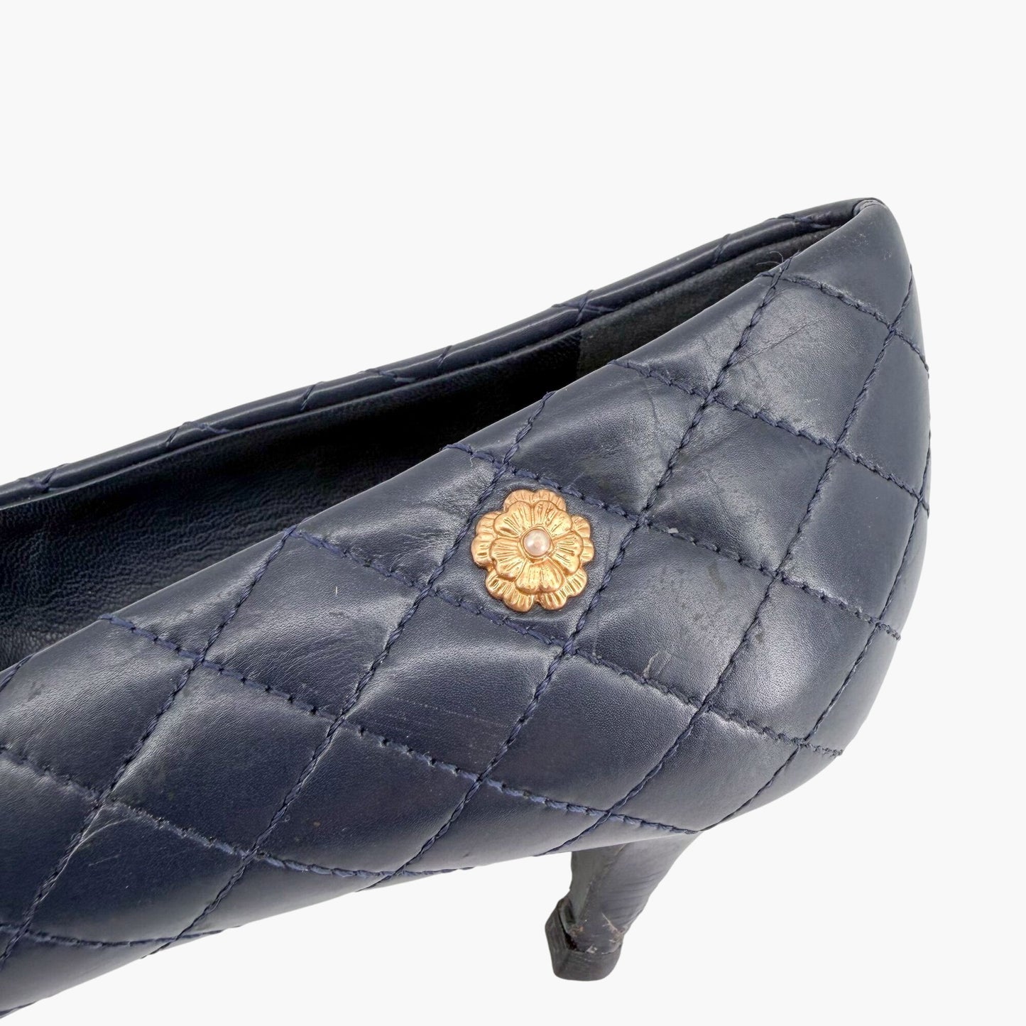 Chanel Camellia Cap Toe Quilted Leather Pumps Blue Size 38.5C