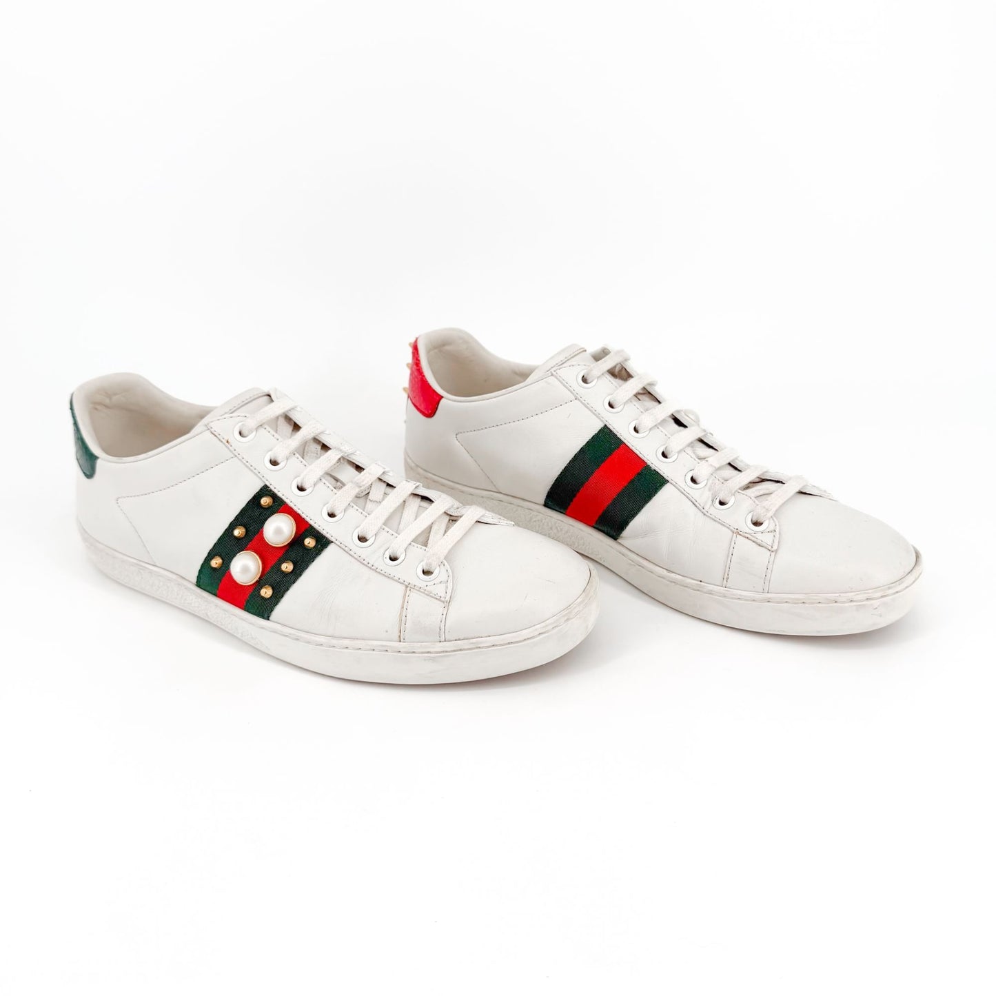 Gucci Pearl-Embellished Ace White Leather Sneakers Size 38.5