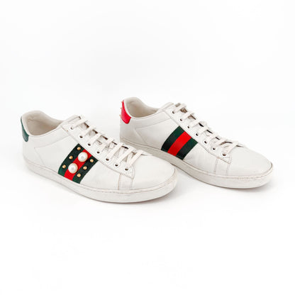 Gucci Pearl-Embellished Ace White Leather Sneakers Size 38.5