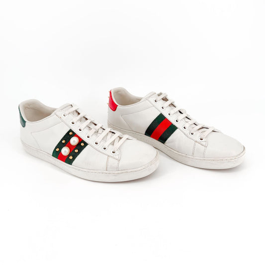 Gucci Pearl-Embellished Ace White Leather Sneakers Size 38.5
