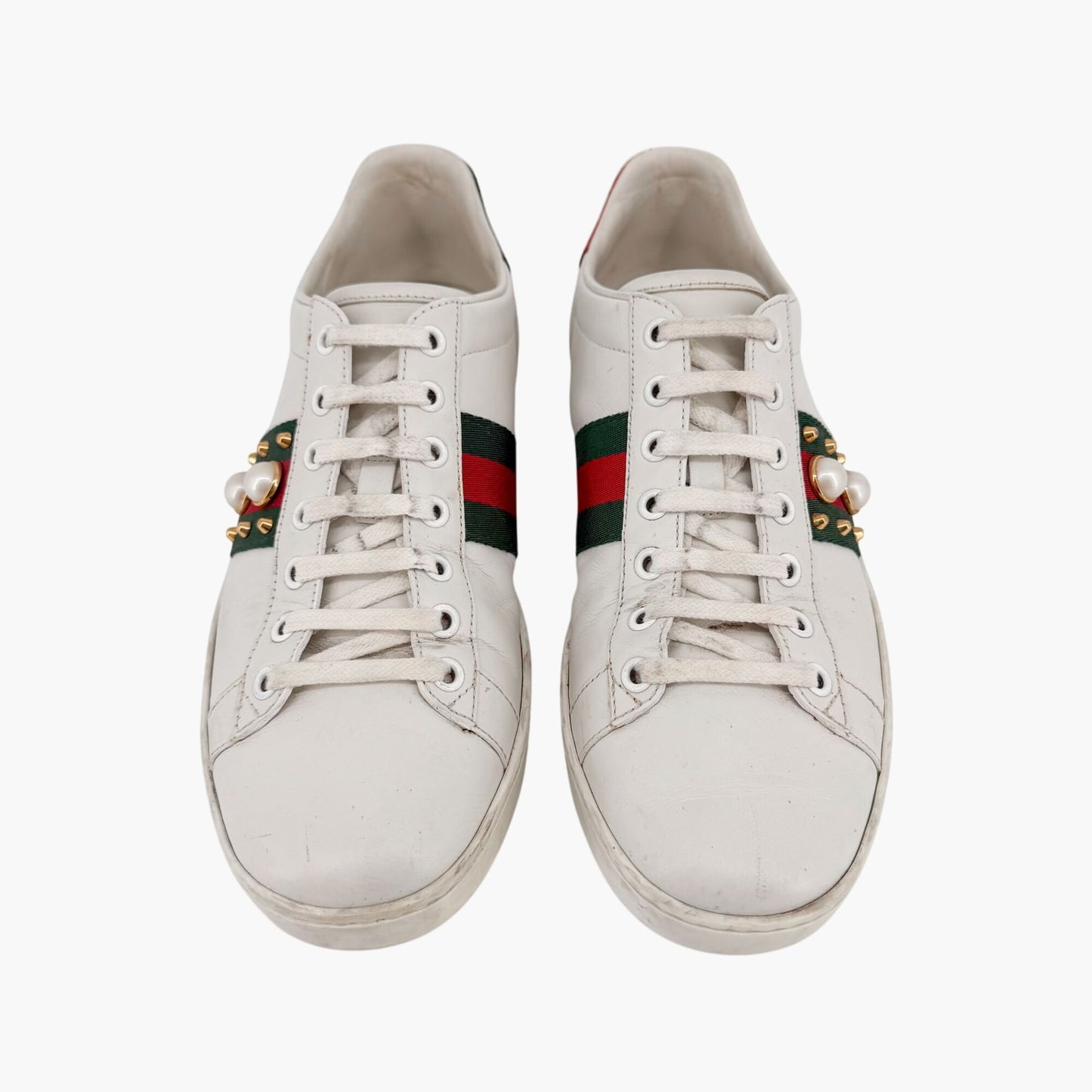 Gucci Pearl-Embellished Ace White Leather Sneakers Size 38.5