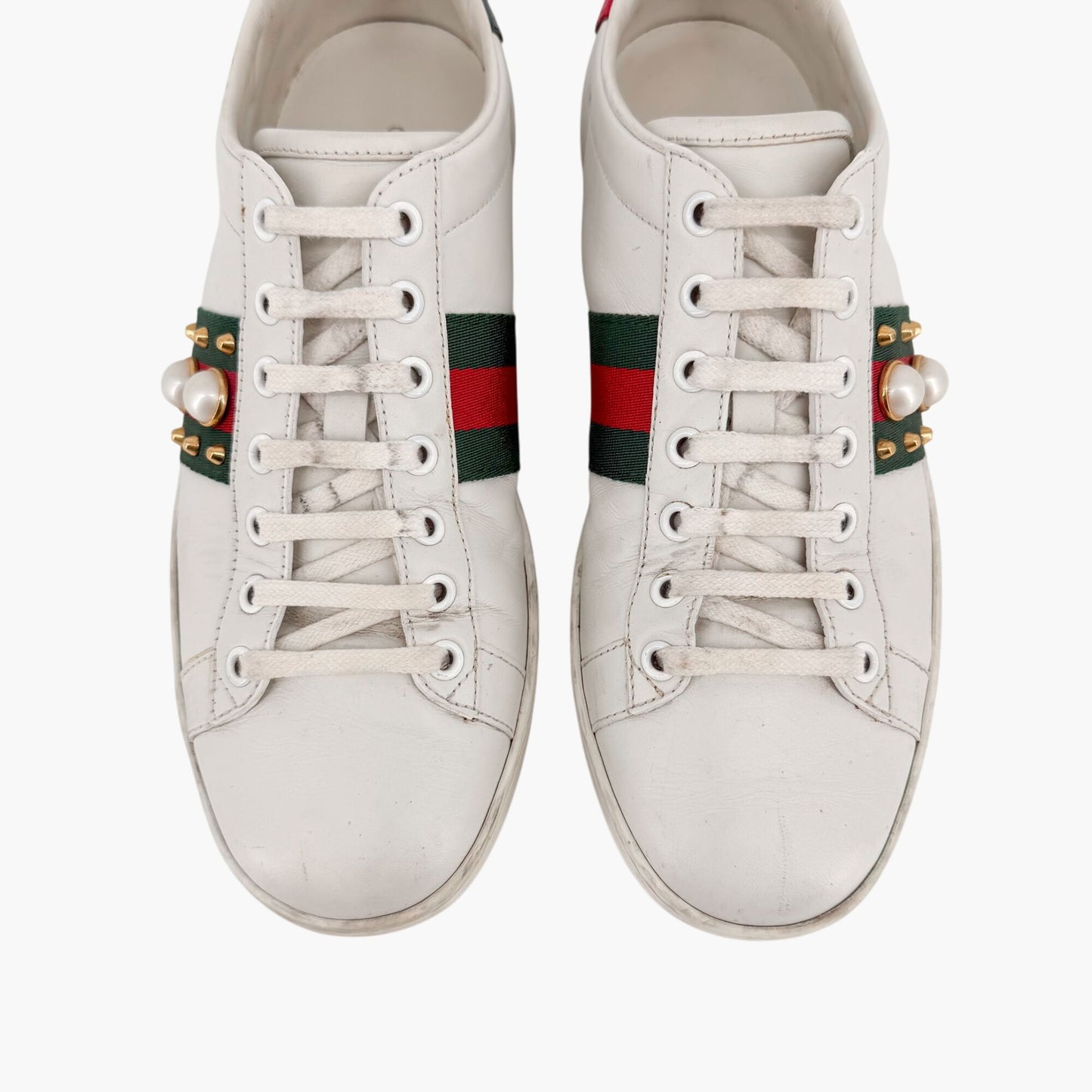 Gucci Pearl-Embellished Ace White Leather Sneakers Size 38.5