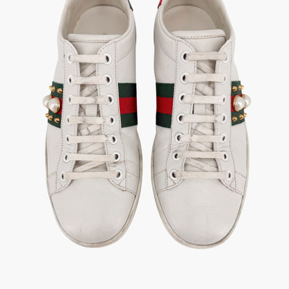 Gucci Pearl-Embellished Ace White Leather Sneakers Size 38.5