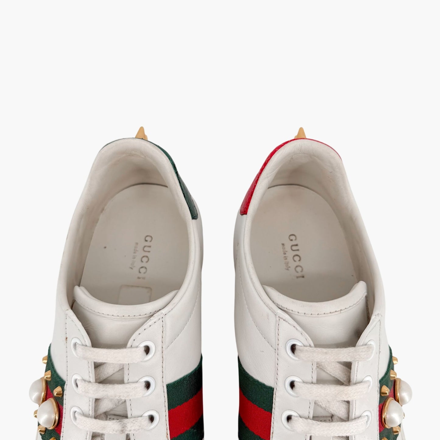 Gucci Pearl-Embellished Ace White Leather Sneakers Size 38.5