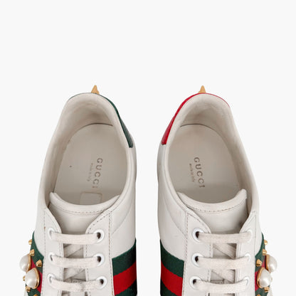 Gucci Pearl-Embellished Ace White Leather Sneakers Size 38.5