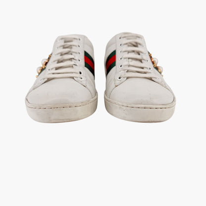 Gucci Pearl-Embellished Ace White Leather Sneakers Size 38.5