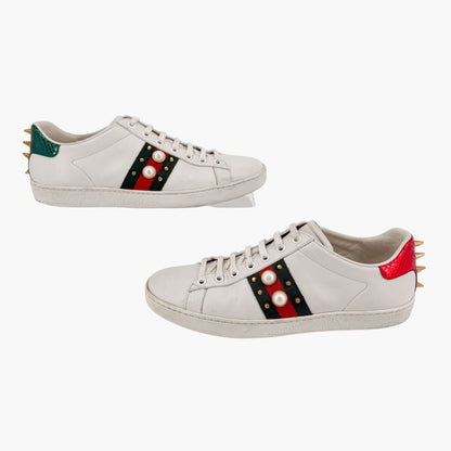 Gucci Pearl-Embellished Ace White Leather Sneakers Size 38.5