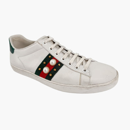 Gucci Pearl-Embellished Ace White Leather Sneakers Size 38.5