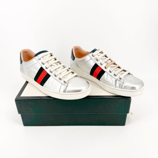 Gucci Ace Web Stripe Sneakers in Silver Metallic Leather Size 38.5