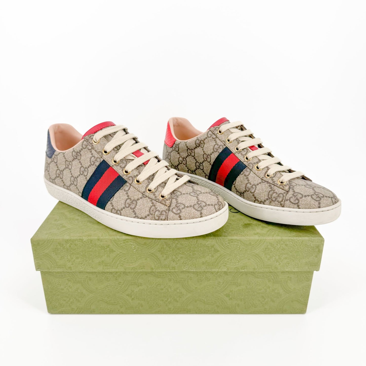 Gucci Ace Web Stripe Sneakers in Beige Supreme GG Monogram Canvas Size 38.5