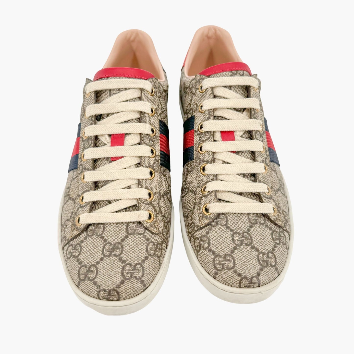 Gucci Ace Web Stripe Sneakers in Beige Supreme GG Monogram Canvas Size 38.5