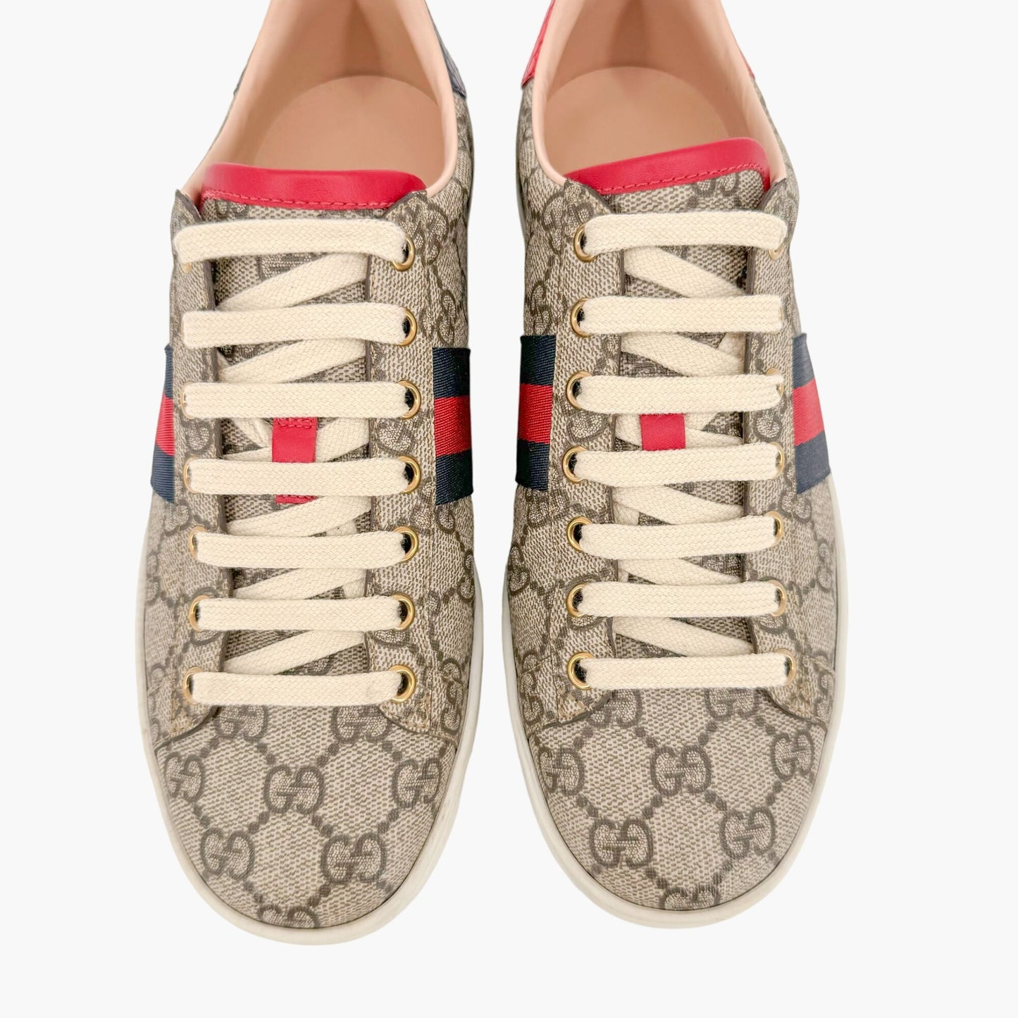 Gucci Ace Web Stripe Sneakers in Beige Supreme GG Monogram Canvas Size 38.5