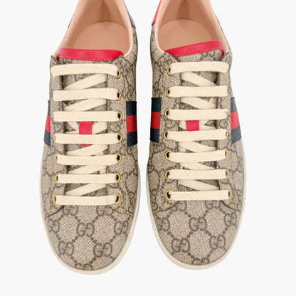 Gucci Ace Web Stripe Sneakers in Beige Supreme GG Monogram Canvas Size 38.5