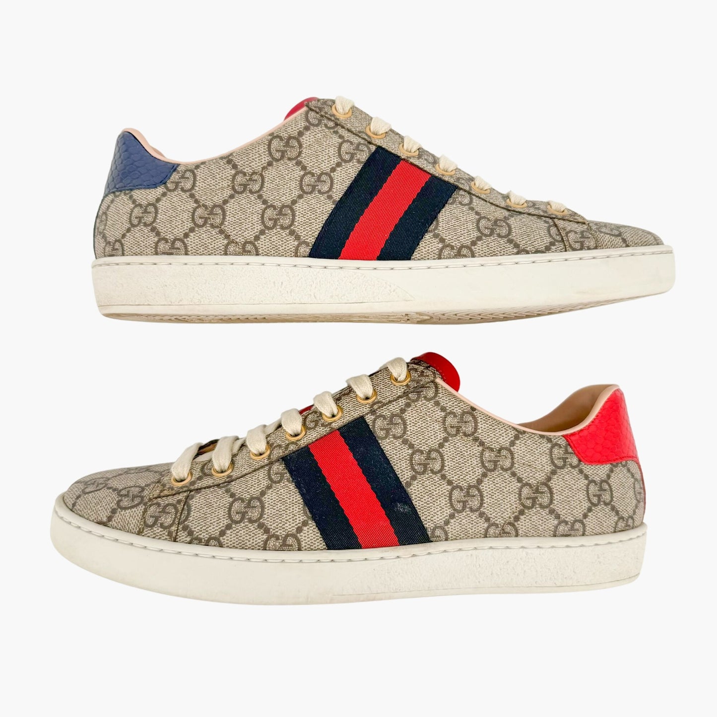 Gucci Ace Web Stripe Sneakers in Beige Supreme GG Monogram Canvas Size 38.5