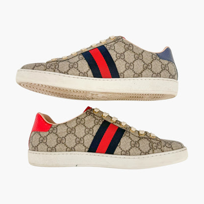 Gucci Ace Web Stripe Sneakers in Beige Supreme GG Monogram Canvas Size 38.5