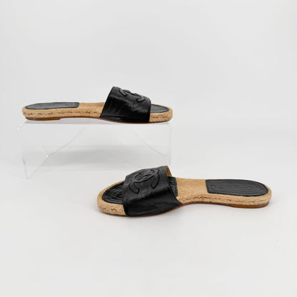 Chanel CC Black Leather Espadrille Slide Sandals Size 38