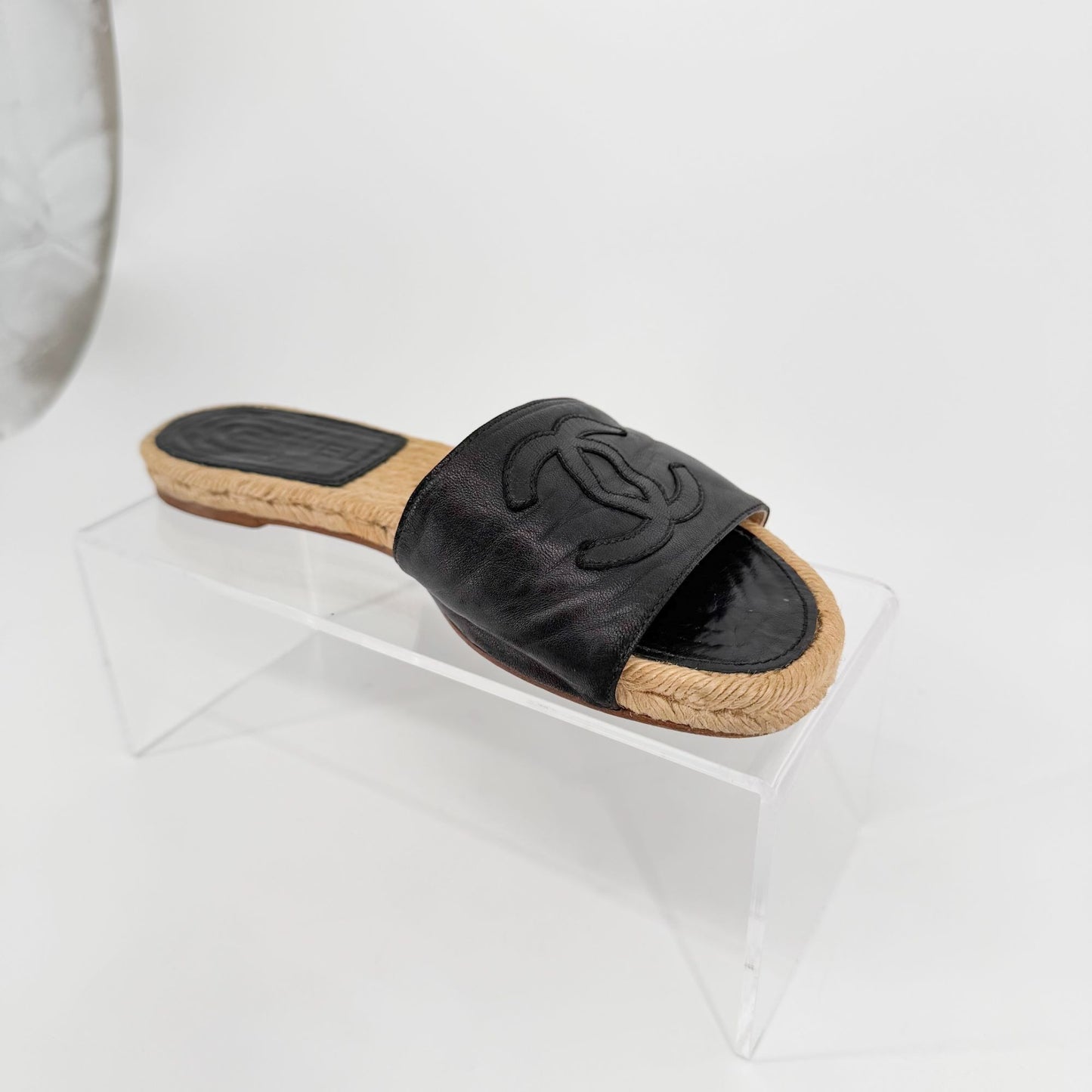Chanel CC Black Leather Espadrille Slide Sandals Size 38