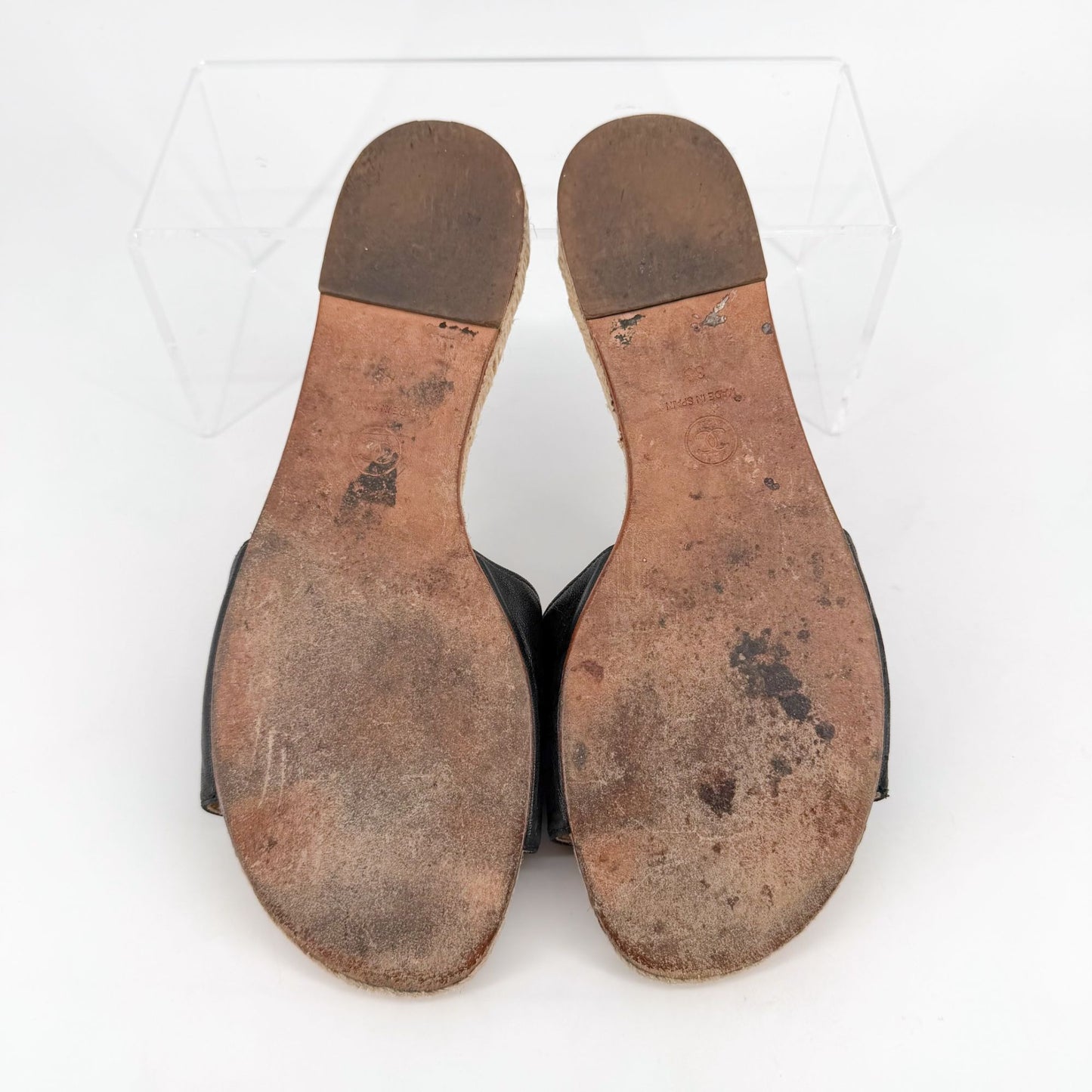 Chanel CC Black Leather Espadrille Slide Sandals Size 38