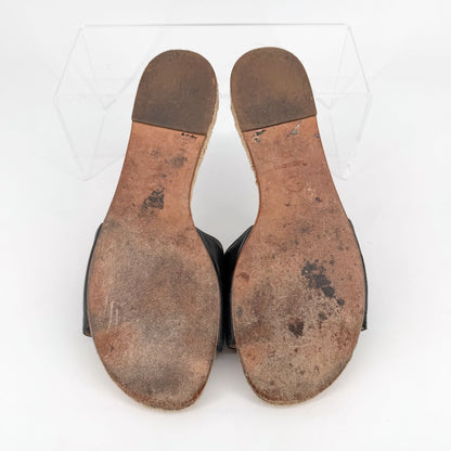 Chanel CC Black Leather Espadrille Slide Sandals Size 38